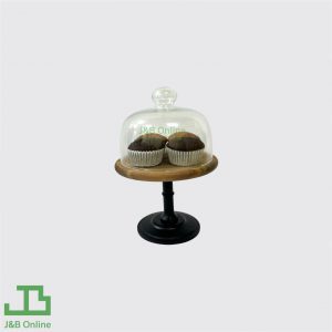 Wooden round footed platter 20cm with glass cover YX0002-20